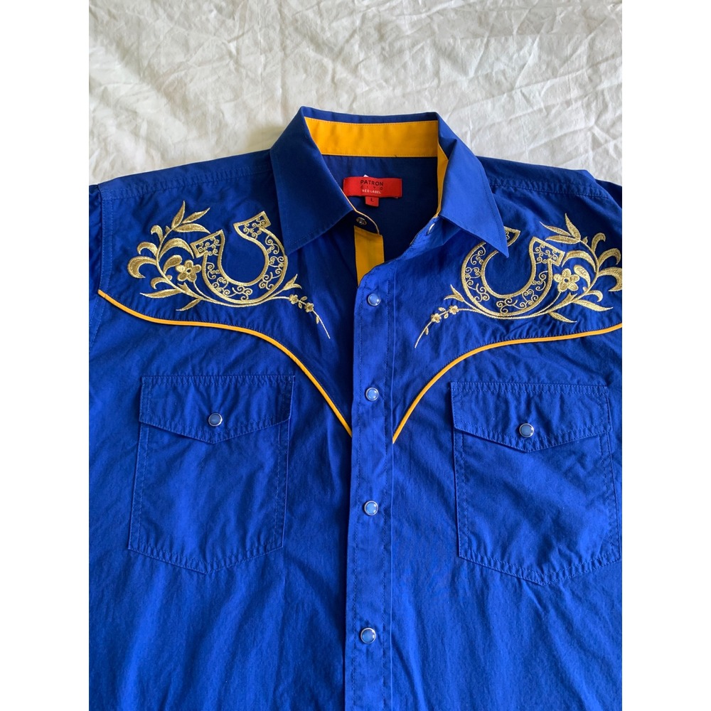 Patron Cito L Western Shirt Blue Gold Horseshoe Embroidery Snap Button Rodeo